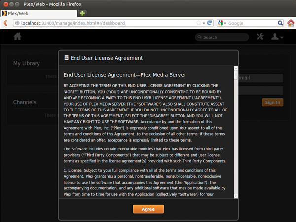 agree to the license agreenment of Plex media server