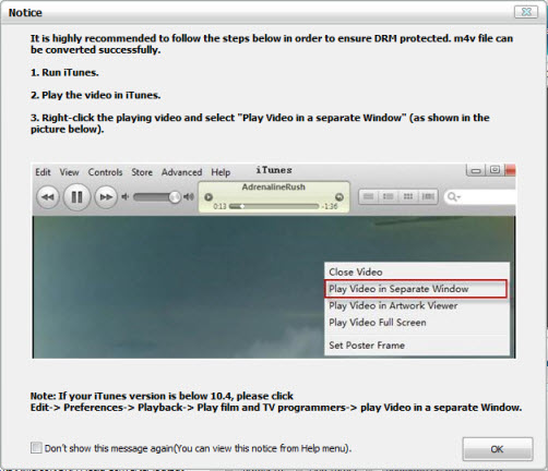 play itunes drm videos in a separate window