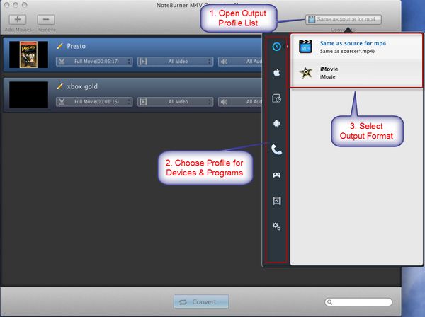 noteburner m4v converter plus for mac, convert drm m4v to mp4, mov, avi, flv etc.